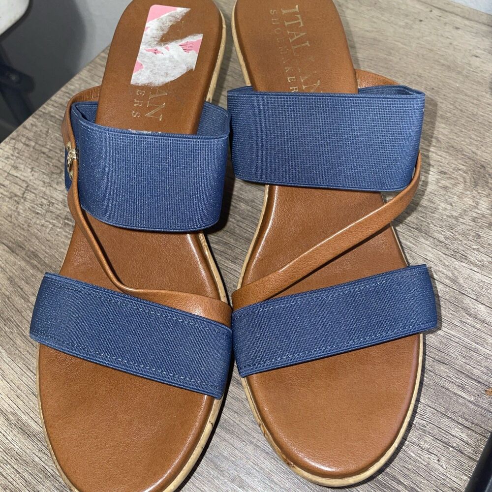 Italian Shoemakers Blue Brown Wedge Platform Slip On Sandals Size 10